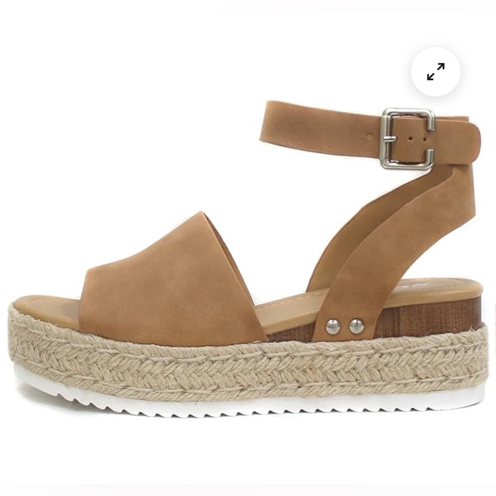 Soda Tan Nude Platform Espadrille Ankle Wrap Sandals, Size 8